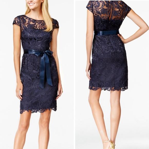 NWT ADRIANNA PAPELL DRESS BLUE LACE FLORAL CAP SLEEVE COCKTAIL SHEER SHORT SASH - Picture 1 of 13